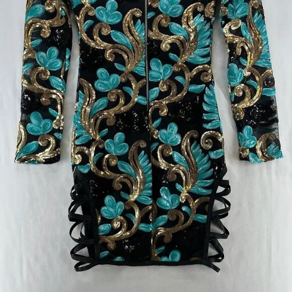 Fashion Nova Dress Size  XS Caprice Sequin Strap Side Bodycon Long Sleeve Black - Picture 7 of 12